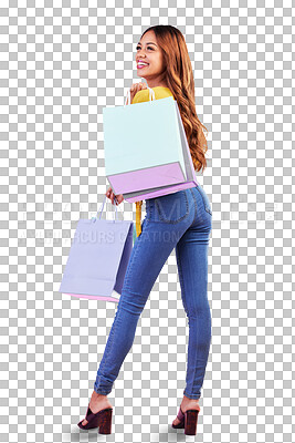 Buy stock photo Sale, retail and deal with woman and shopping bag on png for luxury, boutique and fashion. Cosmetics, rich and store with customer isolated on transparent background for product, happy and mall
