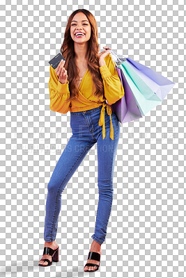 Buy stock photo Portrait, funny and credit card with woman and shopping bag on png for luxury, boutique or fashion. Cosmetics, deal and store with customer isolated on transparent background for product and sale