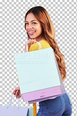 Buy stock photo Sale, boutique and portrait with woman and shopping bag on png for luxury, retail and fashion. Cosmetics, deal and store with customer isolated on transparent background for product, smile and mall