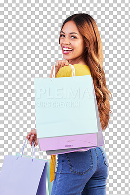 Buy stock photo Sale, portrait and mall with woman and shopping bag on png for luxury, boutique and fashion. Cosmetics, deal and store with customer isolated on transparent background for product smile and retail