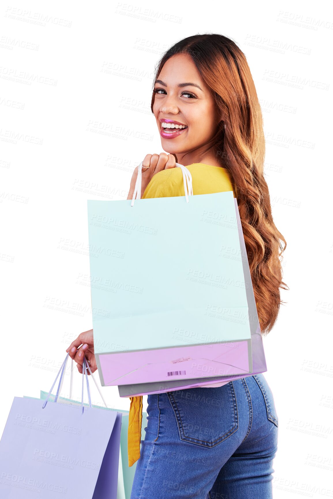 Buy stock photo Sale, portrait and mall with woman and shopping bag on png for luxury, boutique and fashion. Cosmetics, deal and store with customer isolated on transparent background for product smile and retail