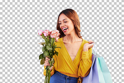 Happy, shopping bags and smile with woman and flowers in studio for retail, birthday and spring. Event, party and celebration with female and roses on pink background for sale, discount and romance