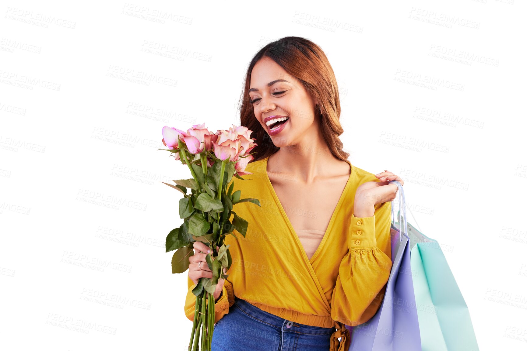 Buy stock photo Smile, shopping bag or happy woman with roses or flowers for valentines day, gift or anniversary. Fashion, sale or excited customer with bouquet of pink plants isolated on transparent png background