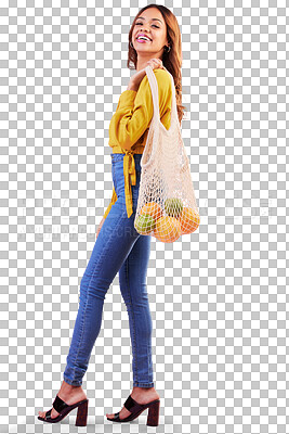 Buy stock photo Portrait, shopping bag or happy woman with fruits on discount for wellness or diet to detox. Retail sale, healthy food or excited girl customer with groceries isolated on transparent png background