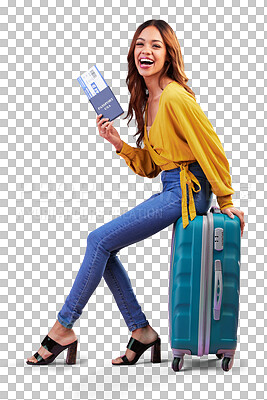 Buy stock photo Suitcase, woman and happy portrait with passport isolated on transparent png background for global travel, vacation and flight. Excited model with luggage, USA identity documents and airplane tickets
