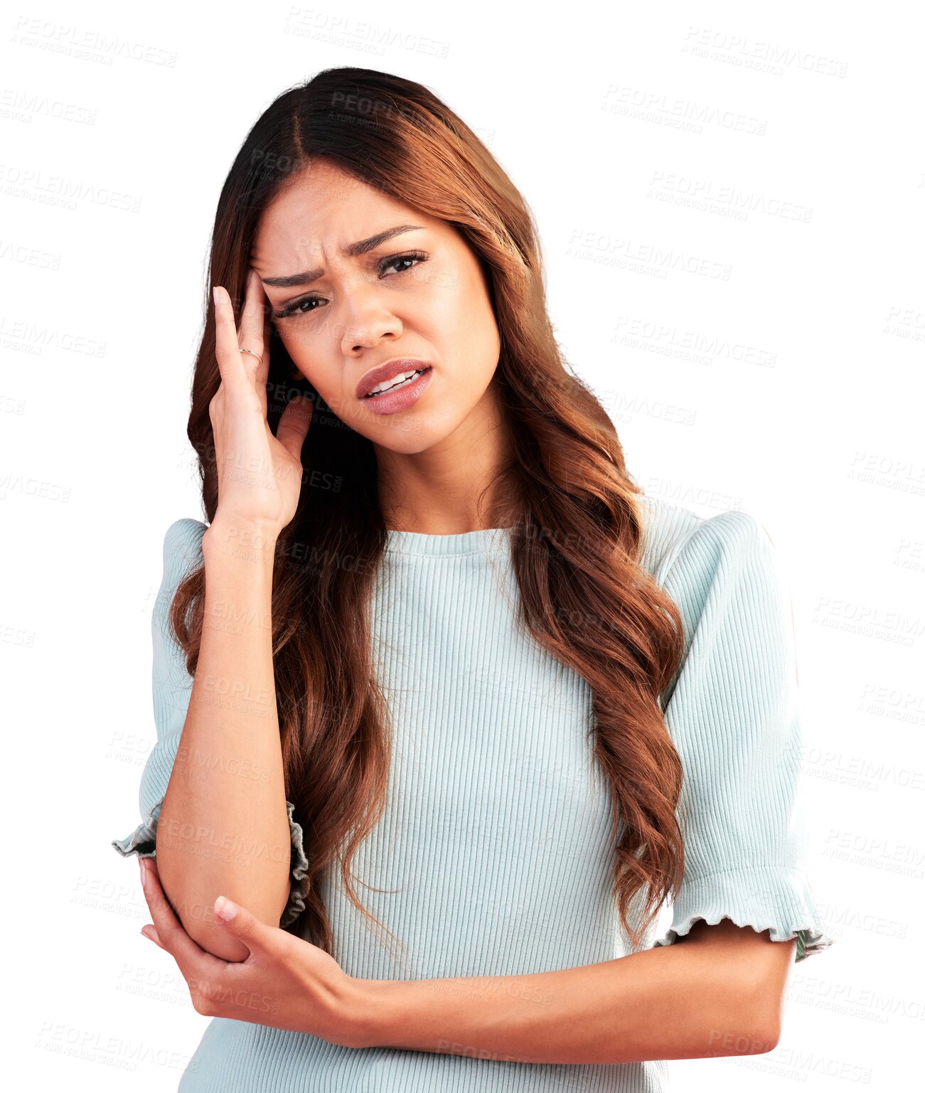 Buy stock photo Headache, stress and portrait of woman isolated on transparent png background with hand on head. Mental health, doubt and pain, frustrated model brainstorming problem, brain fog and planning solution