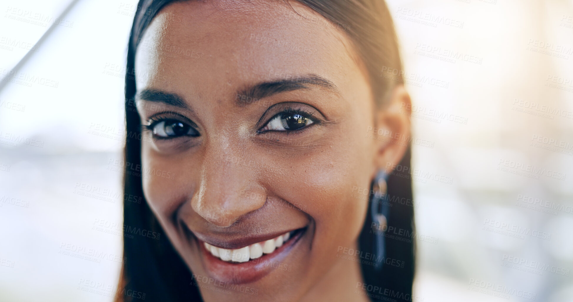 Buy stock photo Happy, smile and portrait of  business Indian woman in office corridor for job, career and work. Corporate, working and face of worker in hallway with confidence, ambition and excited for opportunity