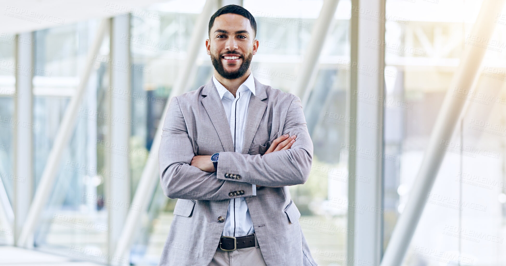 Buy stock photo Professional portrait, arms crossed or happy business man confident in law firm success, career or advocate work. Legal expert, pride or corporate lawyer, attorney or manager smile for job experience