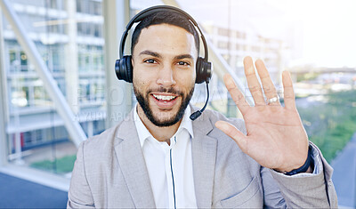 Thinking face, man and call center for video in customer service, support or conversation in office. Portrait, listen and business person telemarketing, communication or idea for crm with headphones