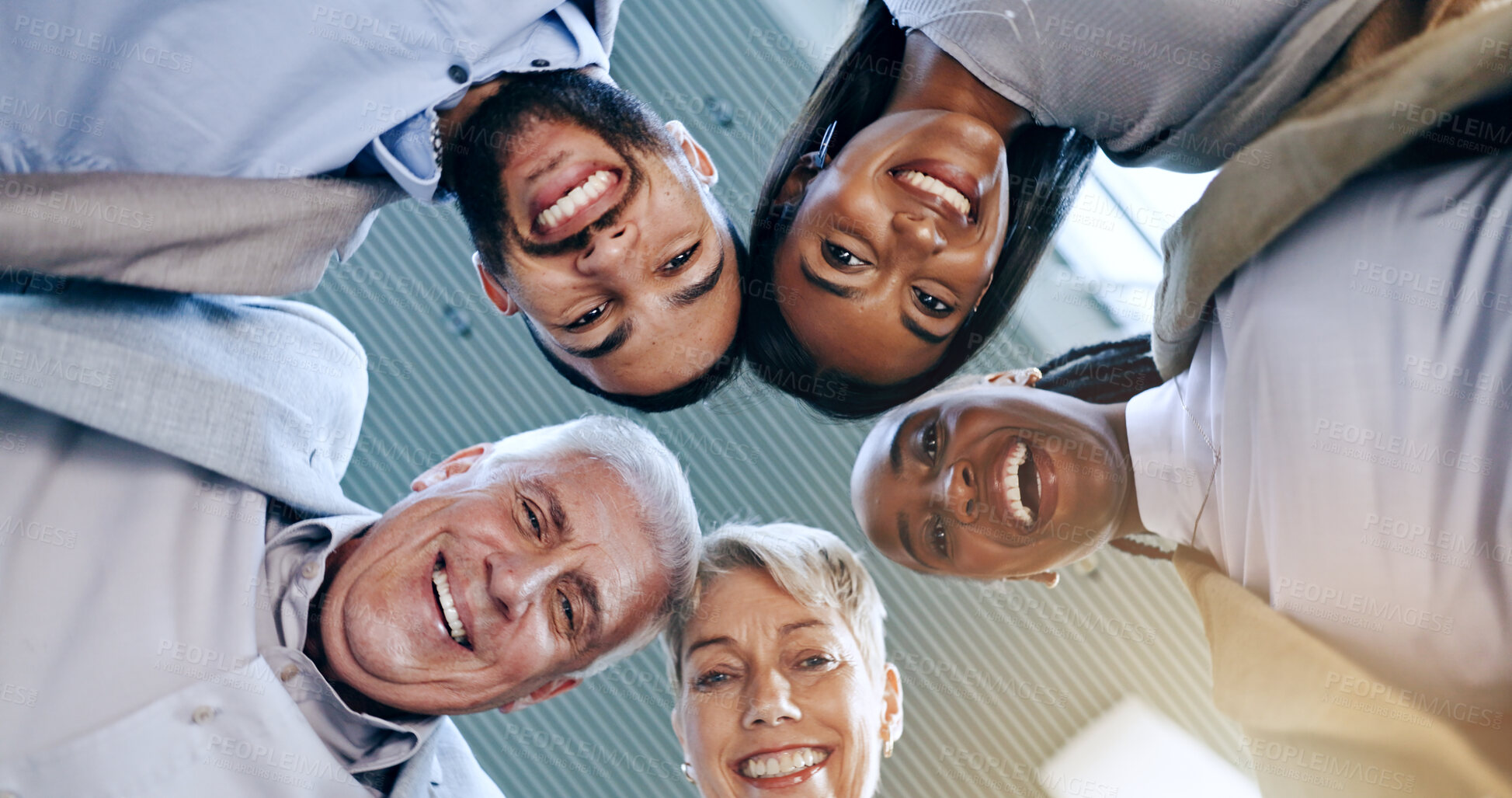 Buy stock photo Portrait, teamwork or business people with cooperation, huddle and solidarity with motivation, smile and collaboration. Face, group and staff with diversity, goals and support with a company mission