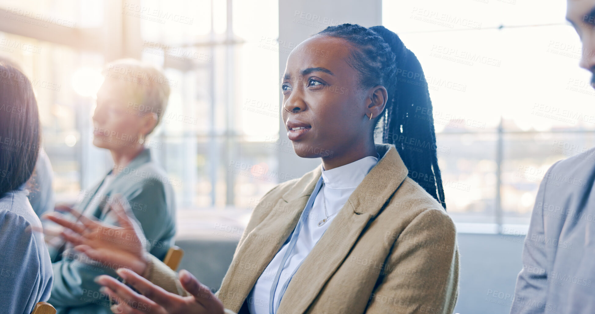 Buy stock photo Business, black woman and applause at a seminar, conference or workshop for celebration. Worker clapping at corporate convention for support, thank you for presentation or congratulations for success