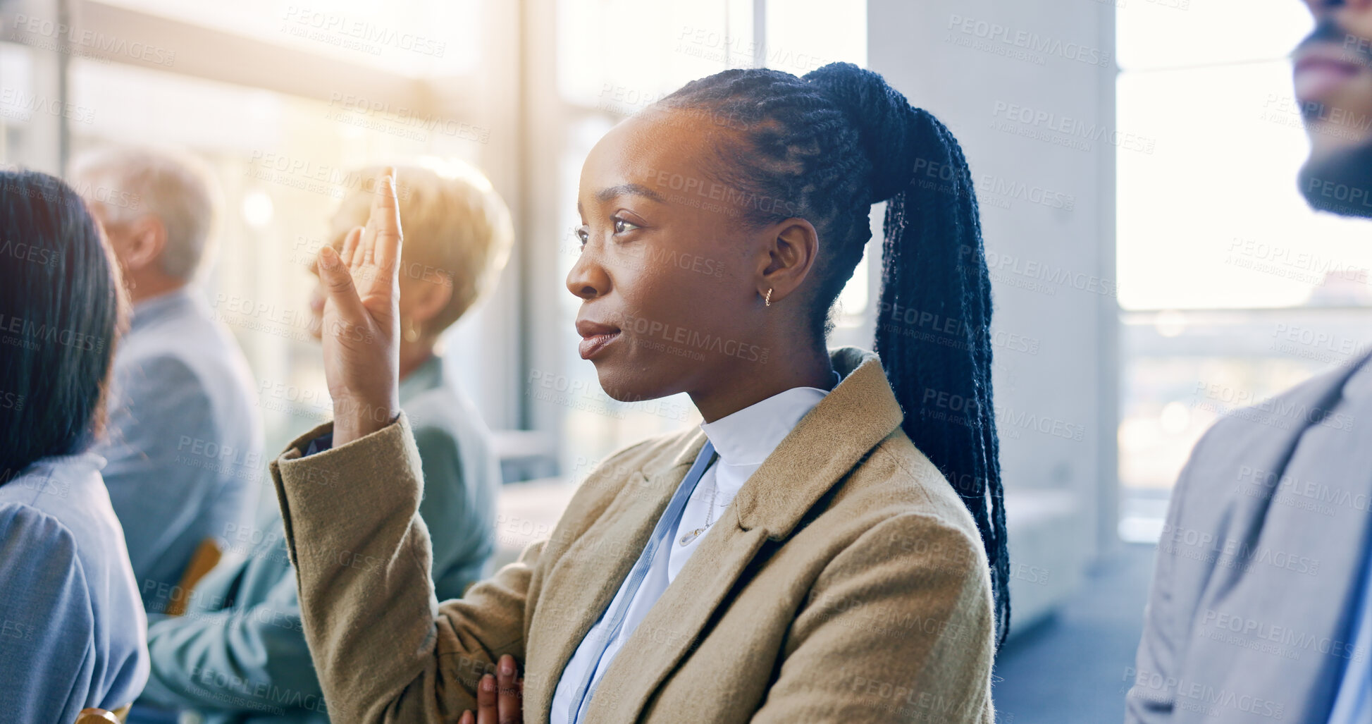 Buy stock photo Woman, business and question at seminar or confident corporate, goal or idea discussion. Black female person, hand up and teamwork or planning growth, future presentation or collaboration audience