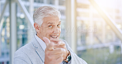 Happy, hand gesture and portrait of senior businessman walking in office with a smile from success, achievement or support. Ceo, man and finger gun for funny sign to employee or manager at work