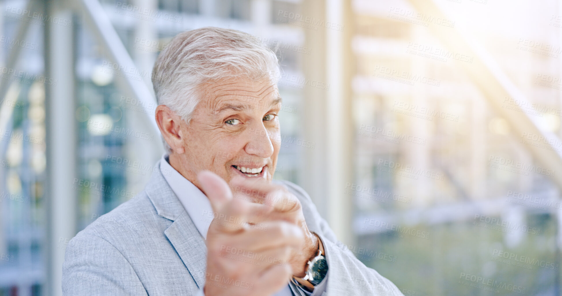 Buy stock photo Business, portrait and senior man with hand pointing at you in office with gesture, sign or invitation. Face, smile and mature male executive with finger gun for thank you, support or contact us