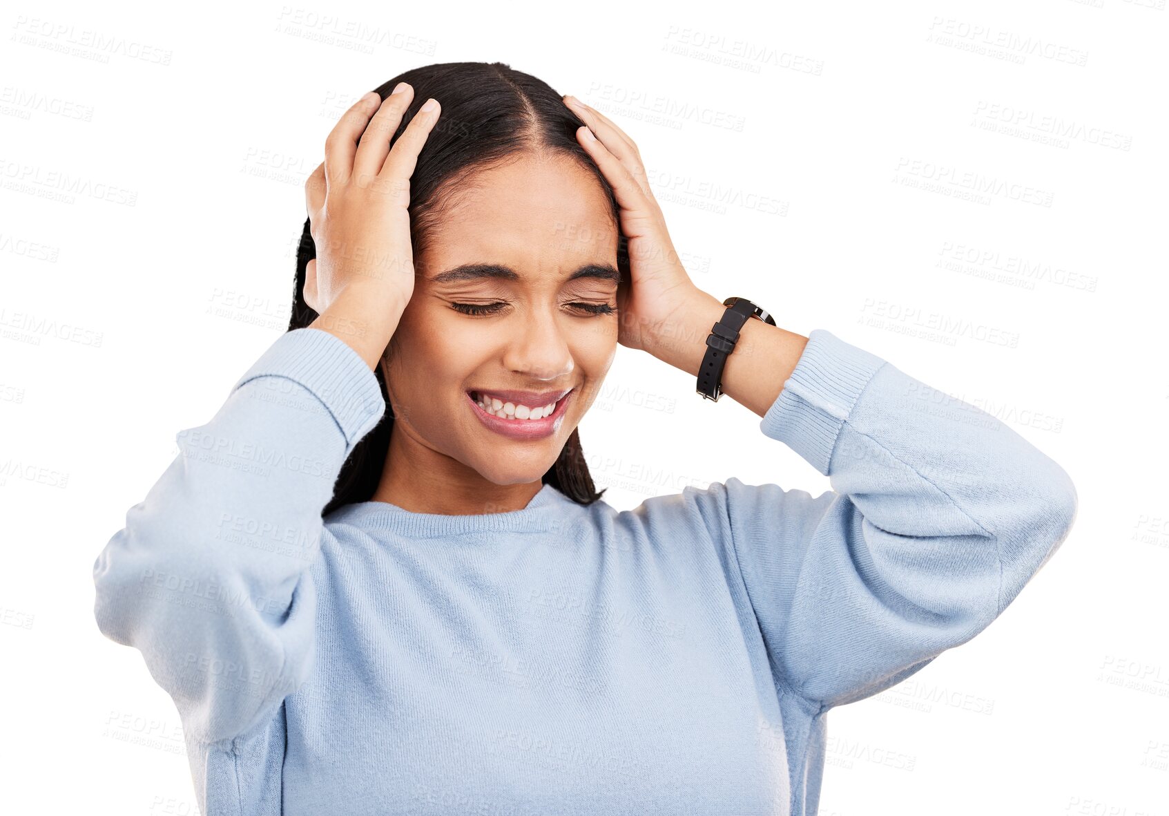 Buy stock photo Headache, stress and woman with depression and frustrated from student burnout. Anxiety, young female person and mistake problem with migraine and pain isolated on a transparent, png background 