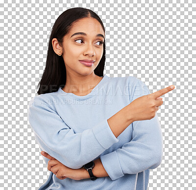 Yellow background, point and face of woman in studio for advertising, promotion and announcement. Mockup space, news and isolated happy girl with hand gesture for information, discount and branding