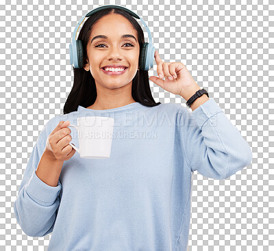 Coffee, music and headphones with portrait of woman in studio for streaming, online radio and relax. Smile, media and podcast with female on yellow background for technology, listening and connection