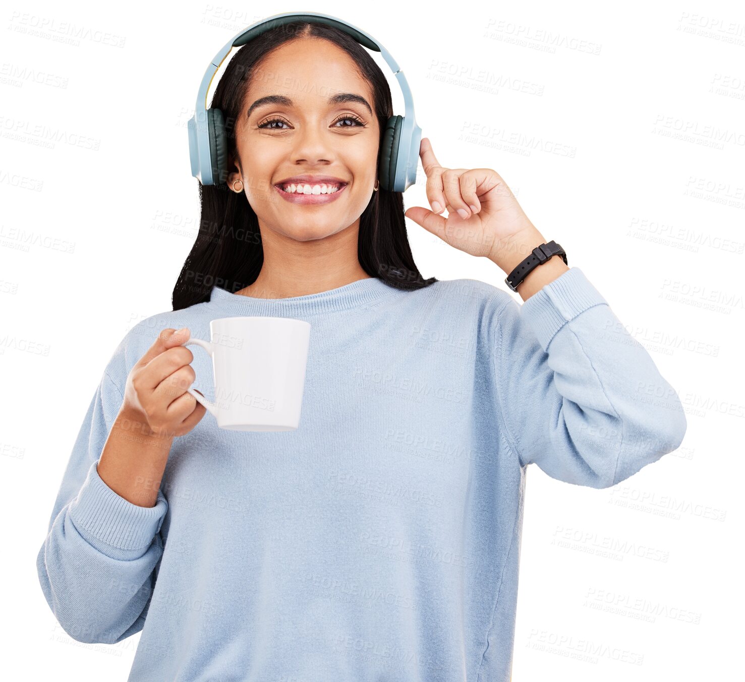 Buy stock photo Isolated woman, headphones and coffee in portrait for music, relax and click by transparent png background. Gen z girl, student and drink with audio tech, smile and listen with streaming subscription