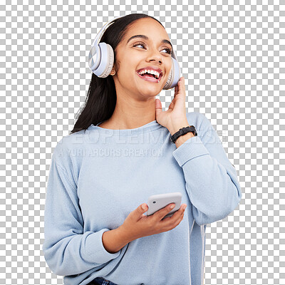 Happy, music and phone with woman in studio for streaming, online radio and audio. Smile, media and podcast with female and headphones on yellow background for technology, listening and connection