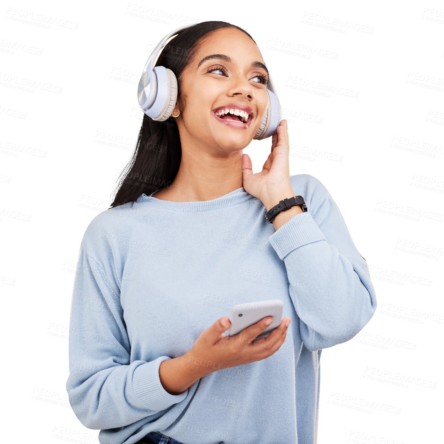 Buy stock photo Happy woman, headphones and listening to music with phone isolated on a transparent PNG background. Excited female person smile with headset for audio streaming or sound app on mobile smartphone