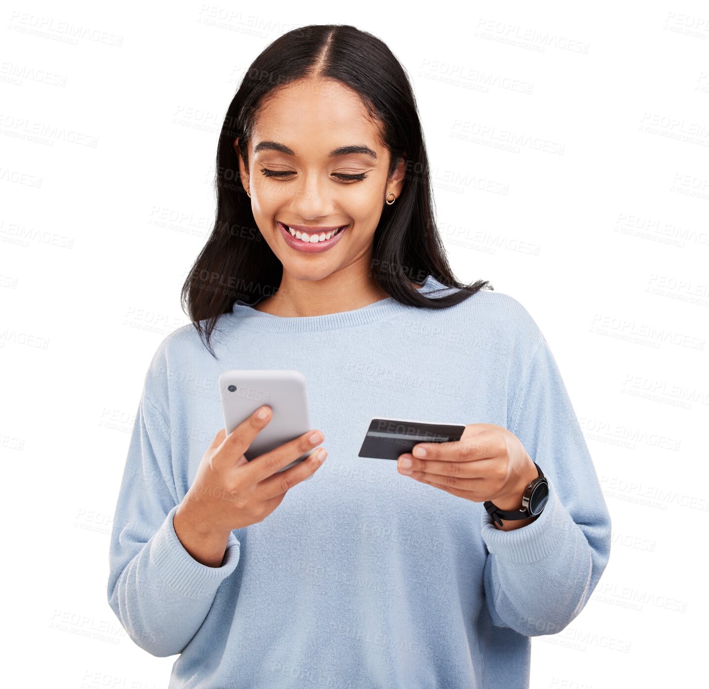 Buy stock photo Happy woman, phone and credit card for online payment, fintech or ecommerce isolated on a transparent PNG background. Female person or shopper smile for banking transaction on mobile smartphone app