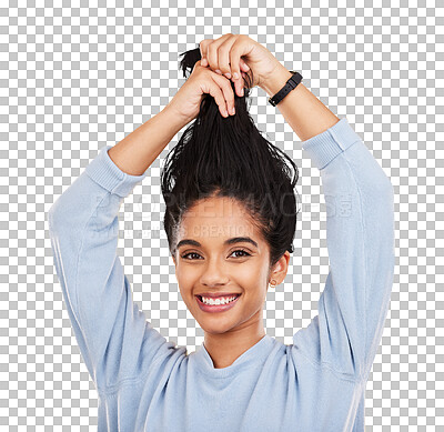 Young woman, haircare and beauty, smile in portrait and hair in air with gen z and fashion on yellow studio background. Happiness, youth and Indian female, happy with cosmetics and growth with shine