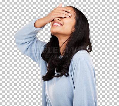 Happy, hands on eyes and woman with smile on yellow background for positive mindset, happiness and freedom. Fashion, mockup space and isolated girl with hand on face for surprise, emoji and reaction