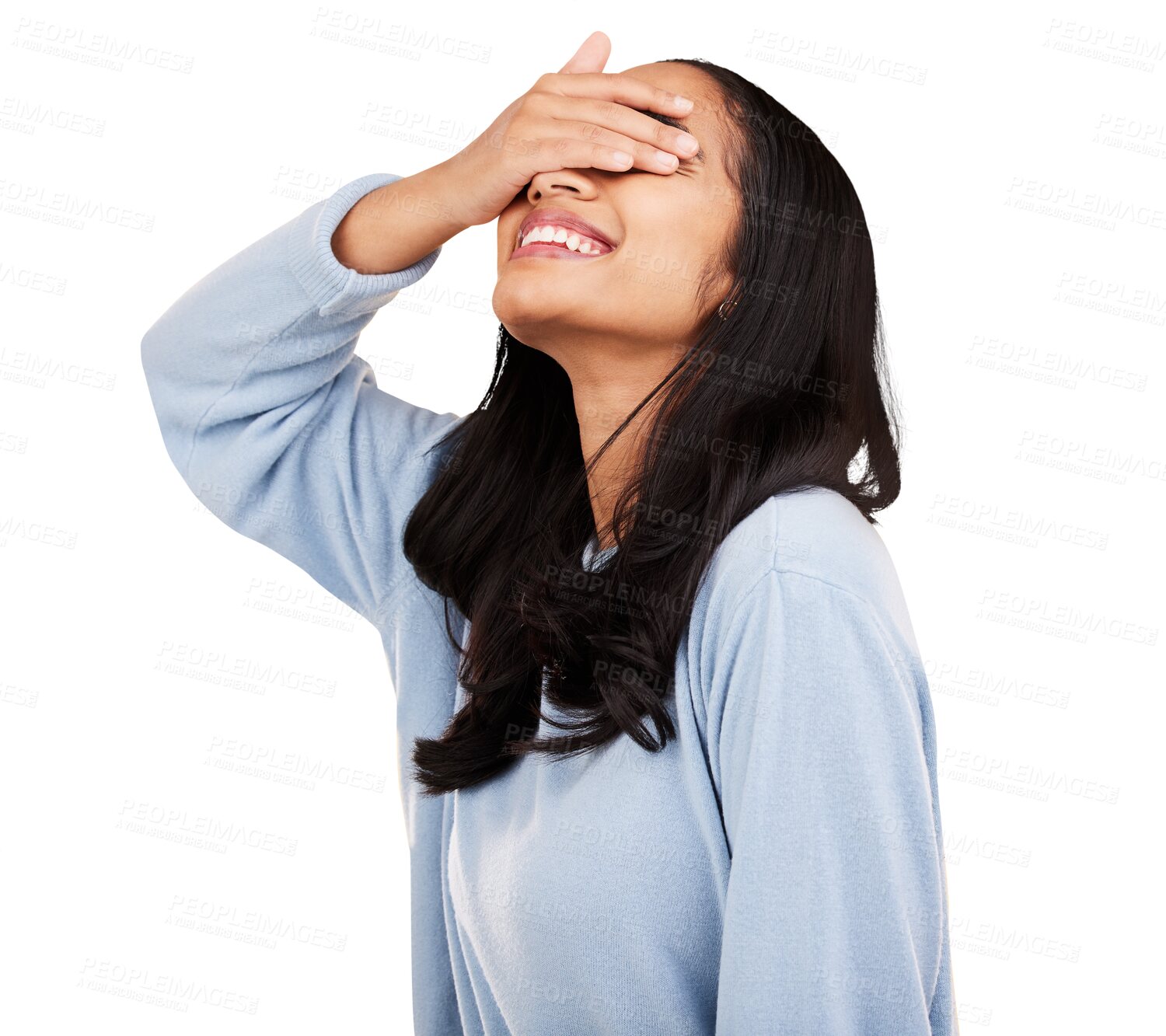 Buy stock photo Happy, hands cover eyes and woman with smile with student, casual style and freedom. Fashion, female person and excited girl with hand on face for surprise isolated on a transparent, png background