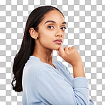 Portrait, thinking and a woman on a yellow background in studio feeling thoughtful or contemplative. Face, idea and an attractive young female standing hand on chin while contemplating a thought