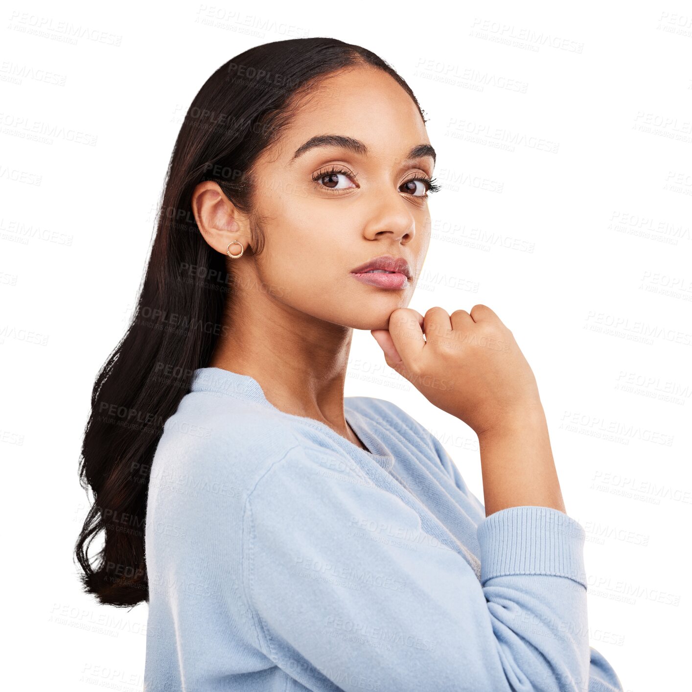 Buy stock photo Thinking, portrait and woman with idea on isolated, transparent and png background. Face, emoji and lady person with questions, solution or brainstorming, problem solving and choice, decision or plan