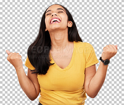 Buy stock photo Happy woman, fist pump and celebration for winning bonus promotion isolated on a transparent PNG background. Excited female person smile for lottery prize, victory achievement or good news in success