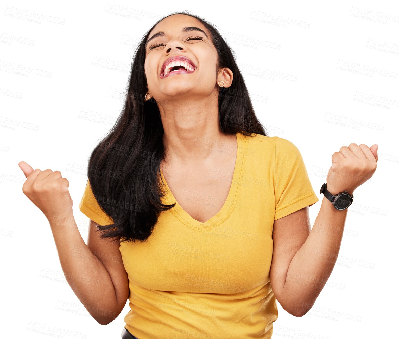 Buy stock photo Happy woman, fist pump and celebration for winning bonus promotion isolated on a transparent PNG background. Excited female person smile for lottery prize, victory achievement or good news in success