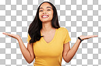 Happy, mockup and palm with portrait of woman in studio for choice, announcement and deal. Opportunity, product placement and promotion with female on yellow background for branding, offer and show