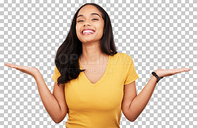 Buy stock photo Happy woman, portrait and palm for choice, announcement or deal isolated on a transparent PNG background. Female person or model smile with hands out in promotion, advertising or retail sale discount