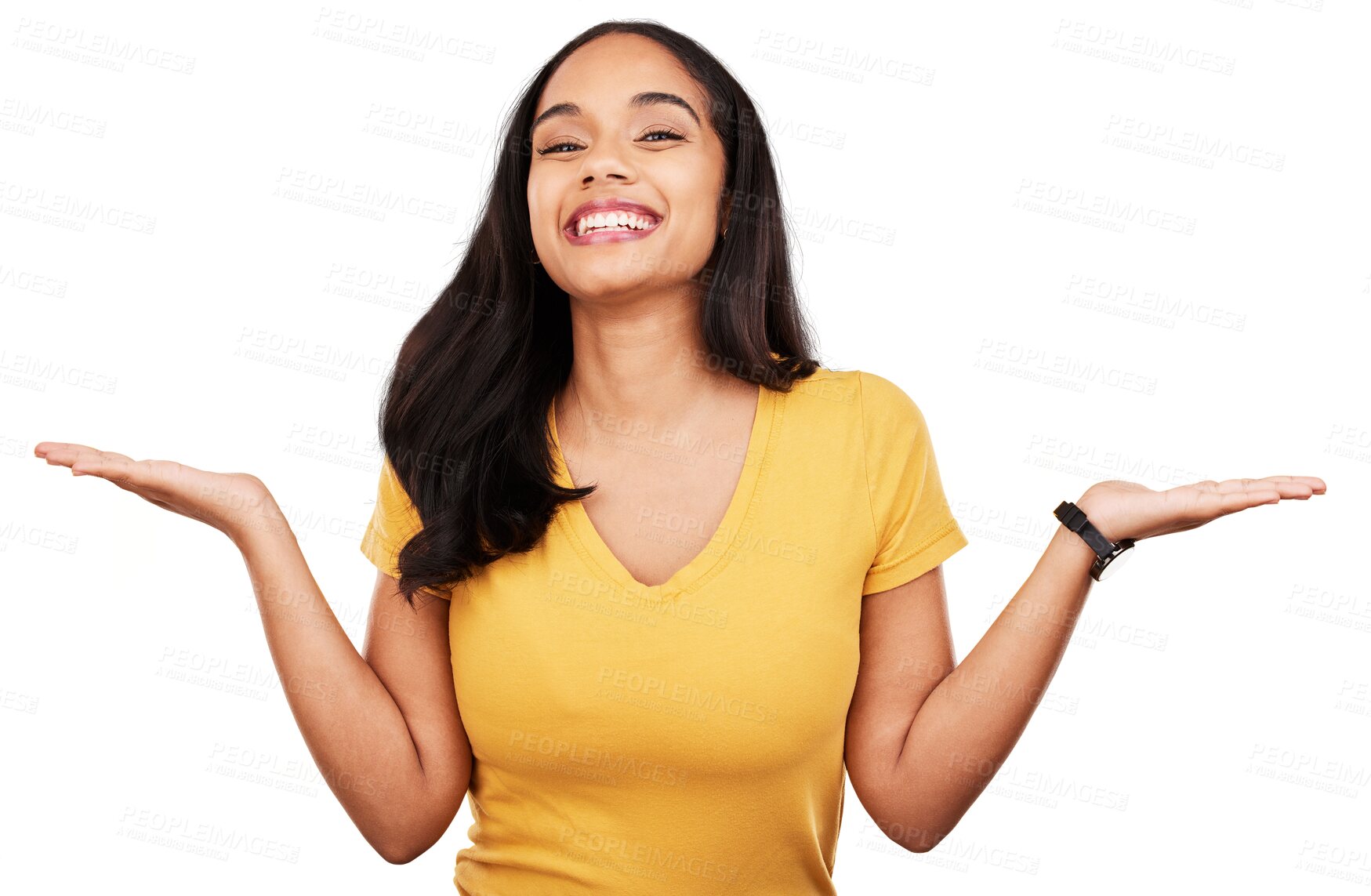 Buy stock photo Happy woman, portrait and palm for choice, announcement or deal isolated on a transparent PNG background. Female person or model smile with hands out in promotion, advertising or retail sale discount