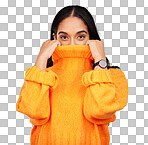 Cold, cover and portrait of a woman with a jersey isolated on a yellow background in a studio. Hiding, winter and a girl holding a jumper up for covering, warmth and bad weather on a backdrop