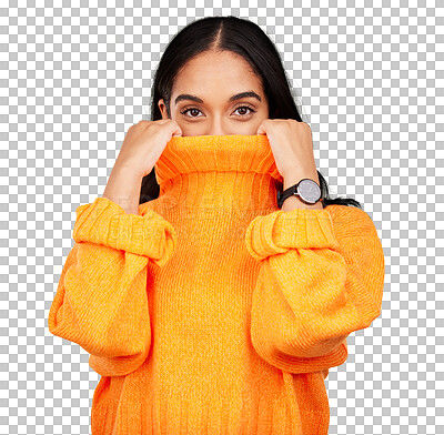 Buy stock photo Happy, cover and portrait of a person with jersey isolated in transparent or png background for cold. Hiding, winter and young woman, female or girl holding jumper up for covering, warmth and weather