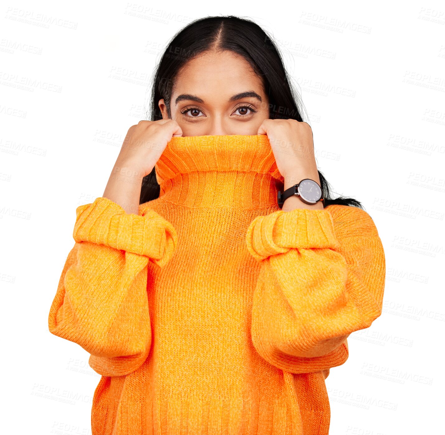 Buy stock photo Happy, cover and portrait of a person with jersey isolated in transparent or png background for cold. Hiding, winter and young woman, female or girl holding jumper up for covering, warmth and weather