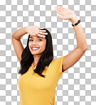 Happy, shy and cover with portrait of woman in studio for excited, surprise and cool. Smile, happiness and creative with female and arm stretching on yellow background for hiding, break and relief