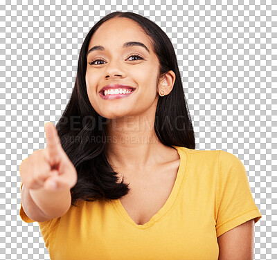 Buy stock photo Woman, portrait and pointing to you for choice, decision of winner and volunteering isolated on transparent png background. Face, happy model and hands for emoji, recruitment or invitation for hiring