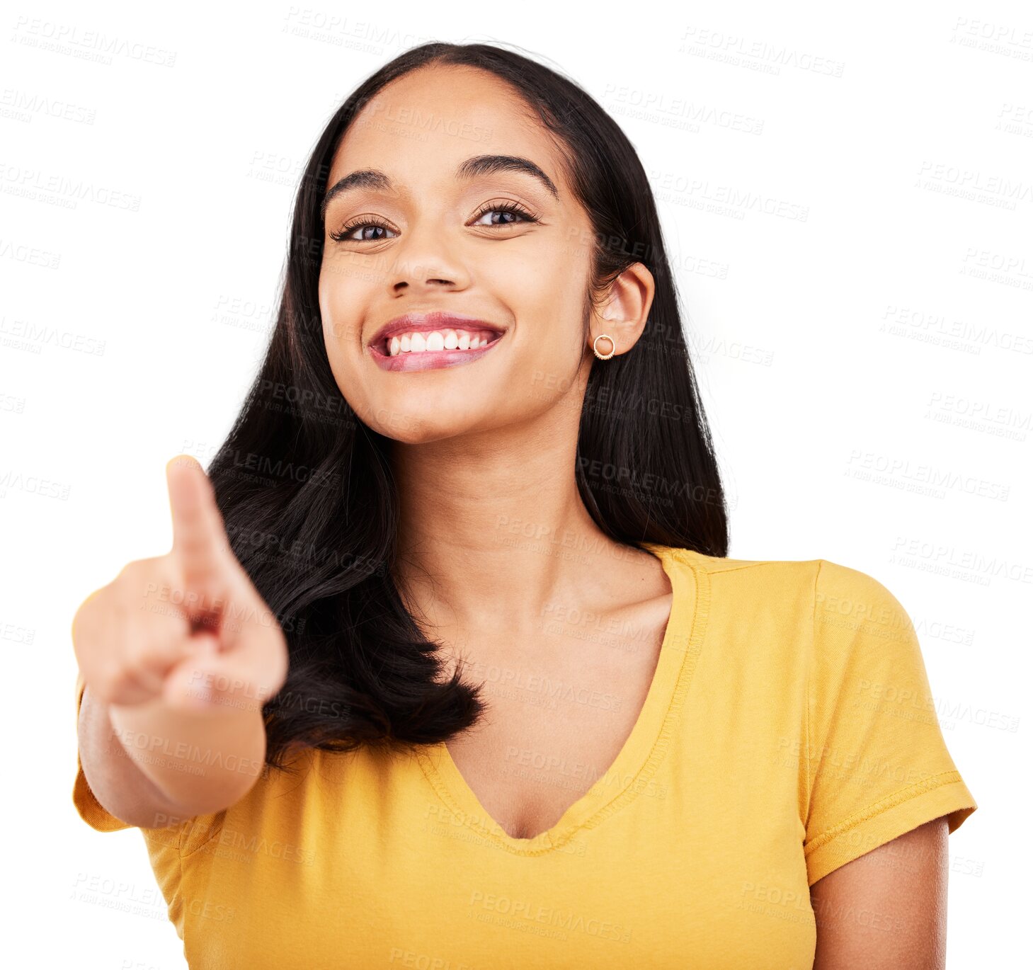 Buy stock photo Woman, portrait and pointing to you for choice, decision of winner and volunteering isolated on transparent png background. Face, happy model and hands for emoji, recruitment or invitation for hiring