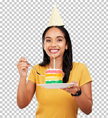 Woman is eating birthday cake, celebration and happy in portrait, rainbow dessert and candle on yellow background. Celebrate, festive and young female, excited for sweet treat and party hat in studio