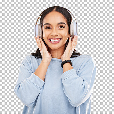 Happy, music and headphones with portrait of woman in studio for streaming, online radio and audio. Smile, media and podcast with female on yellow background for technology, listening and connection