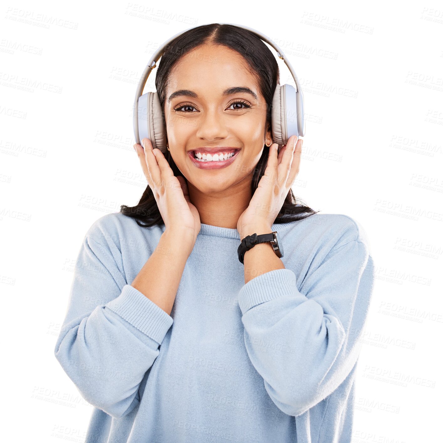 Buy stock photo Headphones, happy and portrait of young woman listen to music, radio or podcast with smile. Technology, face and female model streaming song, playlist or album isolated by transparent png background.