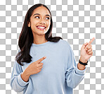 Yellow background, point and face of woman with smile for advertising, promotion and announcement. Mockup space, studio and isolated happy girl with hand gesture for information, discount or news