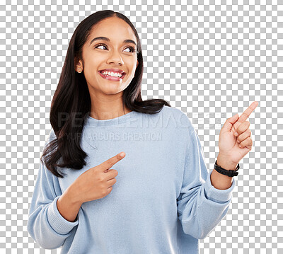 Buy stock photo Happy woman, hands and pointing for advertising isolated on a transparent PNG background. Female person or model point finger for show, advertisement or discount in sale, branding or marketing