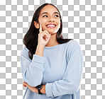 Yellow background, thinking and face of woman with smile for advertising, promotion and mockup space. Ideas, thoughtful and isolated girl in studio with happy mindset, positive attitude and confident