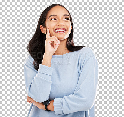 Buy stock photo Happy woman, thinking and face with smile for decision, choice or dream isolated on a transparent PNG background. Confident female person in planning for ideas, future solution or remember and memory