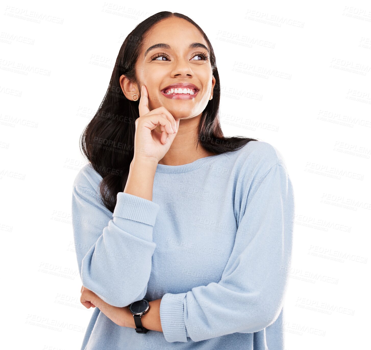 Buy stock photo Happy woman, thinking and face with smile for decision, choice or dream isolated on a transparent PNG background. Confident female person in planning for ideas, future solution or remember and memory