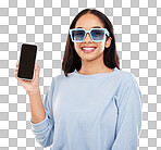 Phone, fashion and portrait of woman with sunglasses in yellow studio for social media, website and internet. Communication, mockup space and happy girl on  smartphone for chat, promotion and network